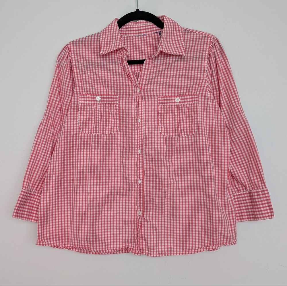 Gingham Plaid Puff Shoulder 2 Pocket Pink Button-Up Shirt Sz S/M Western